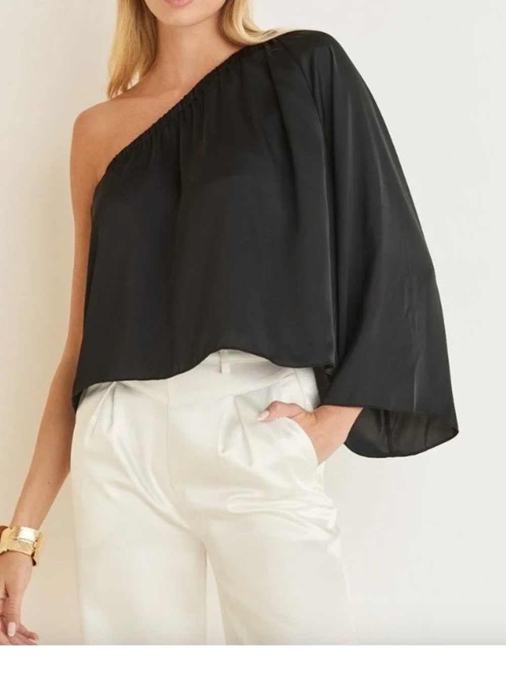 VENUS Black Satin One-Shoulder Bell Sleeve Blouse